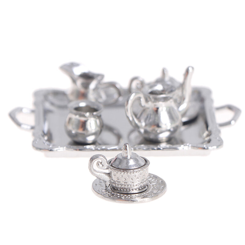 1/12 миниатюрный серебристый металлический поднос для чая и кофе для кукольного домика, набор посуды, аксессуары для кукольного домика