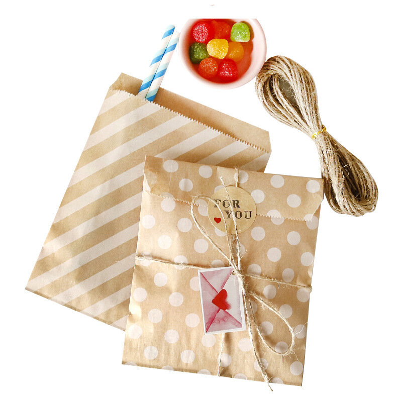 Bolsas de papel Kraft de 13x18cm, lote de 25 unidades de bolsas de papel con estampado de rayas y puntos, mini sobre para envolver regalos y recuerdos de fiesta