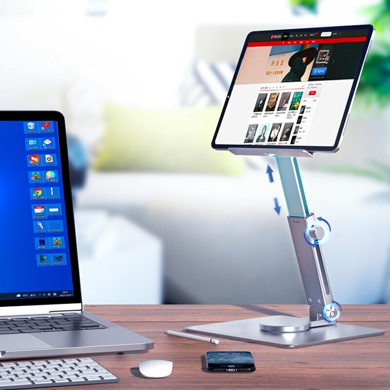 알루미늄 태블릿 스탠드 360 ° 회전 접이식 조절 가능한 책상 홀더 마운트 라이저 iPad Pro Air 4 미니 12.9 4-14 인치 Xiaomi 탭