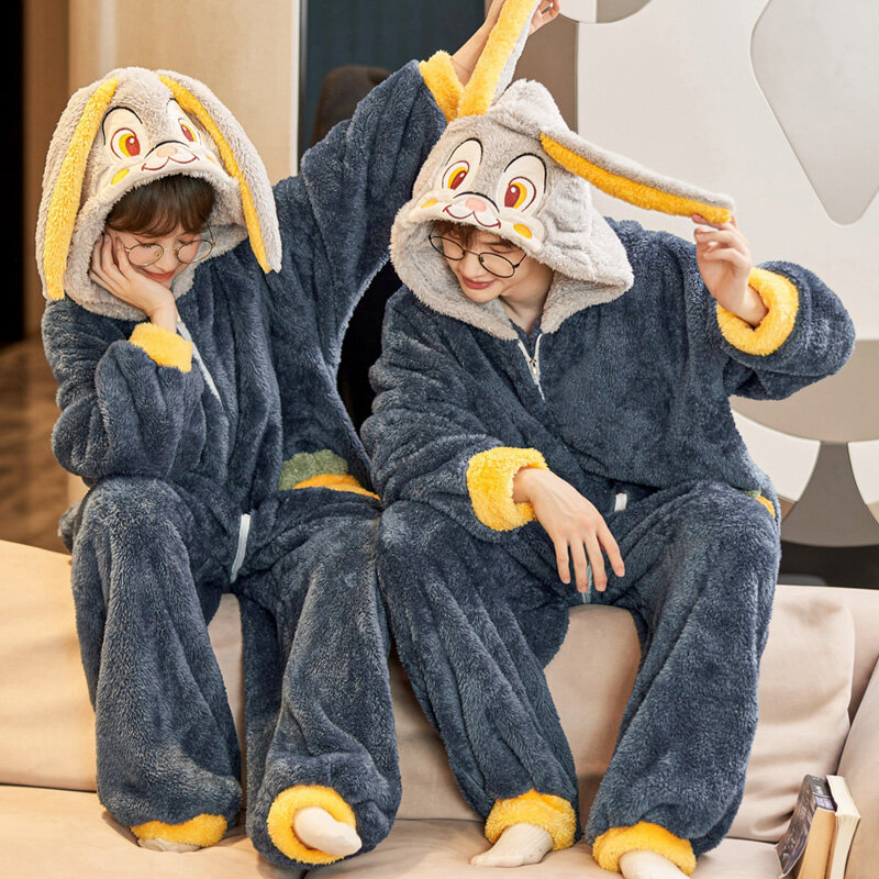 2022 Couples Pajamas Jumpsuits Sleepwear Women Men Winter Thicken Hoodies Cartoon Rabbit Pyjamas Coral Fleece  Loose Soft Warm