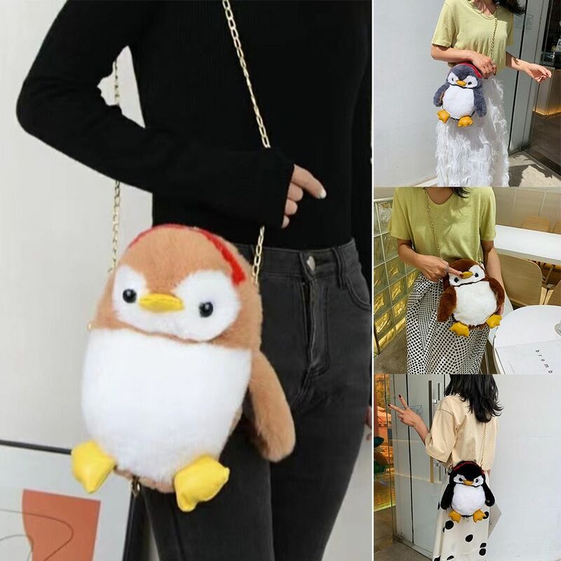 Bolso de hombro de felpa para mujer y niña, bolsa de mano de gran capacidad, informal, pingüino de dibujos animados