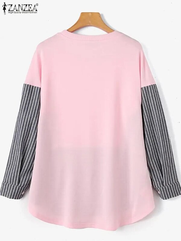 Стильные топы ZANZEA в стиле пэчворк, Женская винтажная полосатая блузка с длинным рукавом, повседневные свободные пуловеры, праздничные блузы, элегантная Рабочая Рубашка
