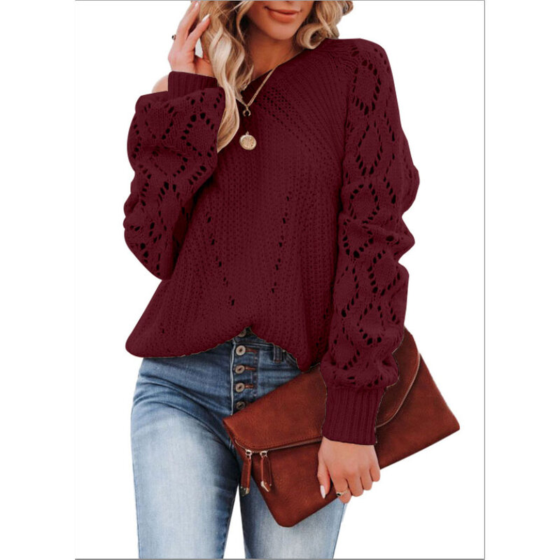 Женский свитер с круглым вырезом, однотонный свободный свитер с ажурным узором, Осень-зима