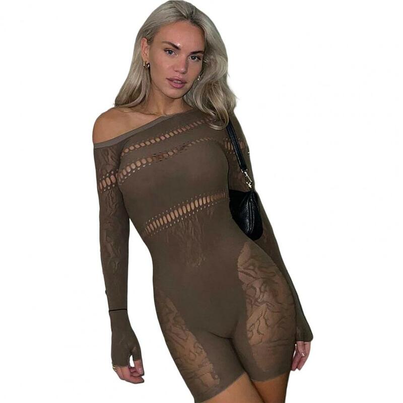 Women Romper Solid Color Slash Neck Hollow Out See Through Streetwear Sexy Net Yarn Romper Playsuit Women Clothing