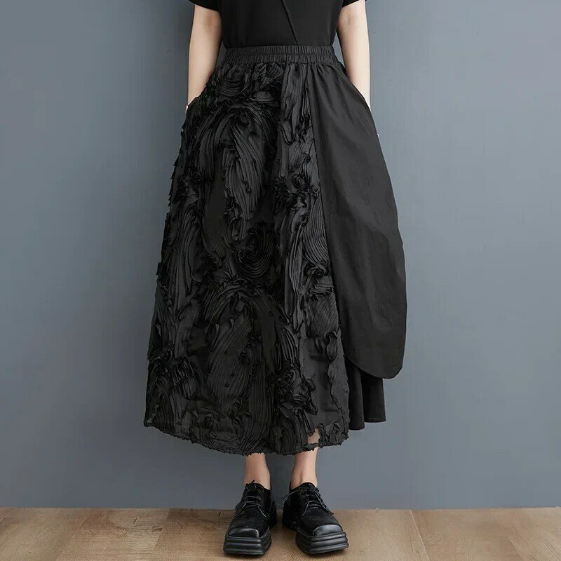 Юбка-миди Женская трапециевидная с разрезом, черная уличная одежда в стиле хип-хоп, ассиметричная со складками, на лето