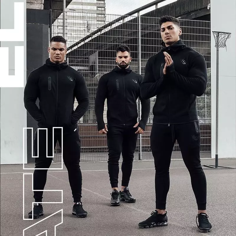 Men's sports black hoodie, cotton sportswear, zippered cardigan, fitness wear, bodybuilding, running, training, gym, Fjset
