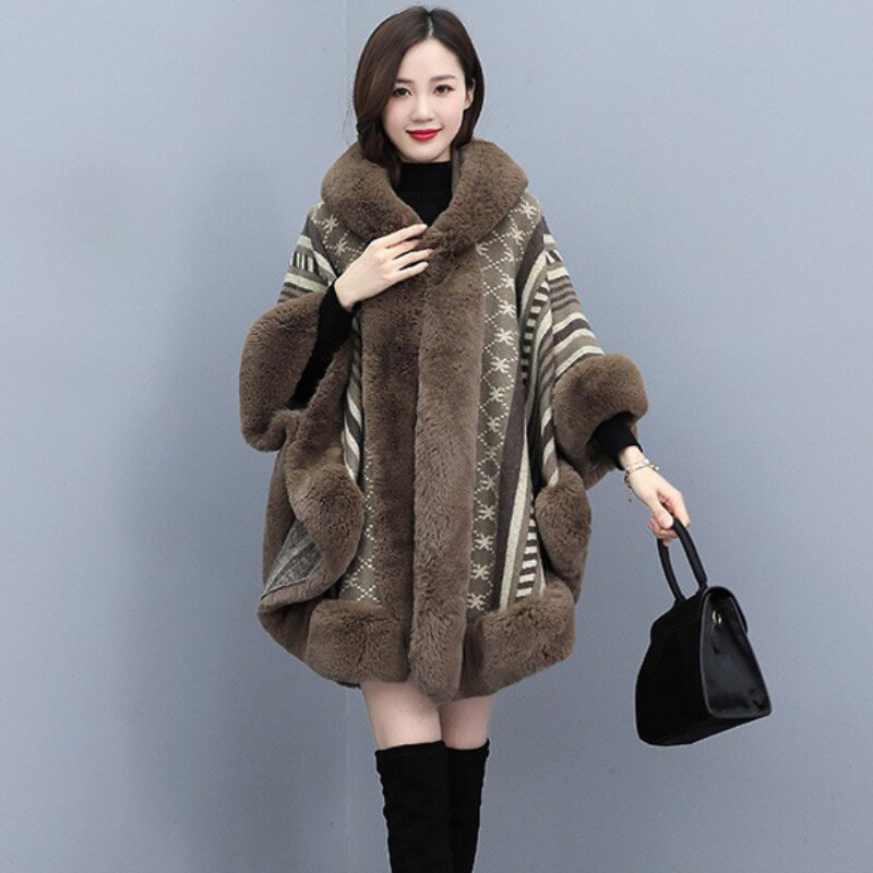 Mantel bulu imitasi untuk wanita, mantel bulu imitasi versi setengah panjang, pakaian luar tebal hangat mode Vintage bertudung 2023
