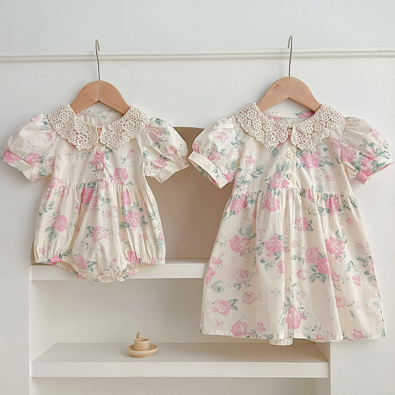 Pakaian saudara musim panas baru 2024 gaun putri anak-anak gaun pesta bayi perempuan Romper sambungan renda motif katun lengan pendek