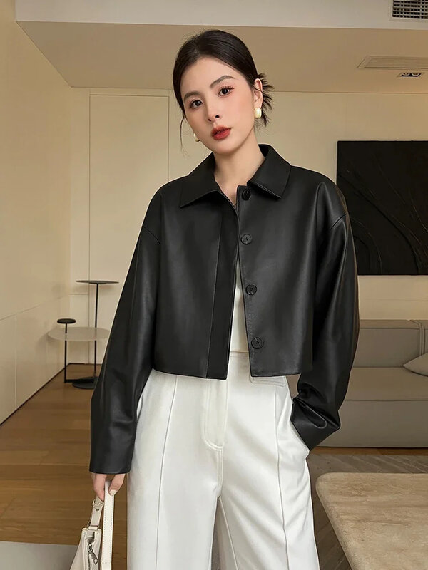 Cropped Simple Sheepskin Coat for Women Spring Autumn 2024 Trend High-end Classic Motorcycle Genuine Leather Jacket