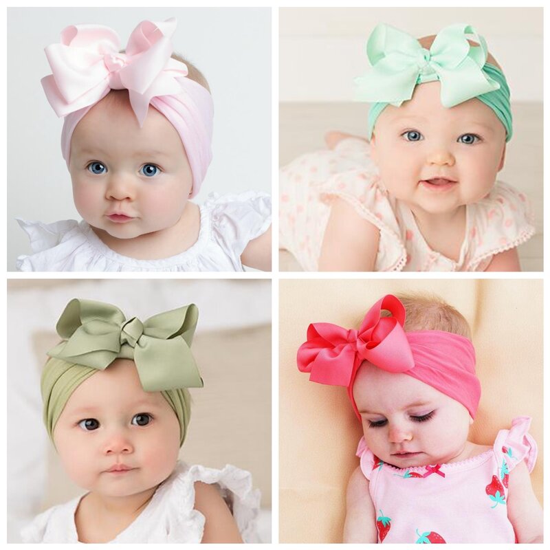 Newborn Wide Nylon Turban Girls Big Bows Hair Accessories Child Headband Elastic Hair Bands Ribbon Bows Kids Baby Headwear 1pcs