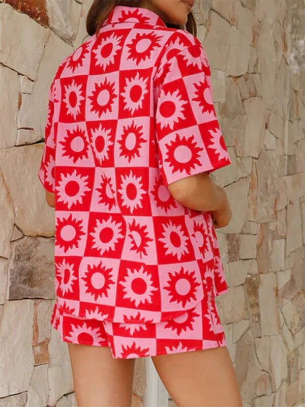 Conjunto de 2 peças de blusa floral havaiana para mulheres, camisa e calções de cintura elástica, roupa de praia