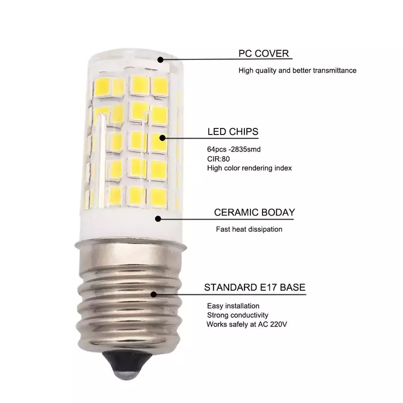Ampoule LED E17 pour micro-ondes, lot de 10, 6W, AC 110/220V, 2835 SMD, chaînes en céramique valentes 60W, Inescent, Cerami, lampe chaude/froide