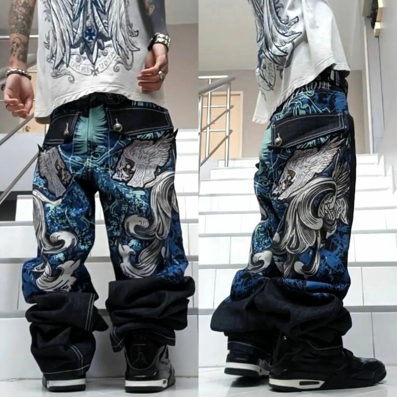 Джинсы в стиле Харадзюку большого размера, уличная одежда, мешковатые джинсы с принтом и вышивкой в стиле хип-хоп, брюки из денима с широкими брюками, Y2K