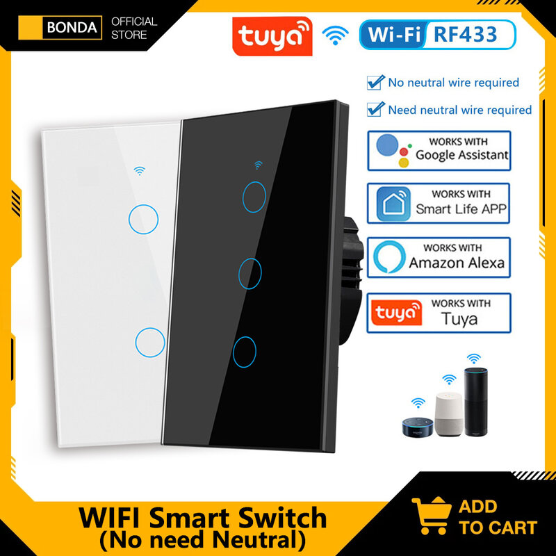 Tuya-US WiFi interruptor de parede inteligente, RF433, 1, 2, 3 Gang, sem fio neutro, sensor de toque, interruptores de luz LED, Smart Home, Alexa, Google Home