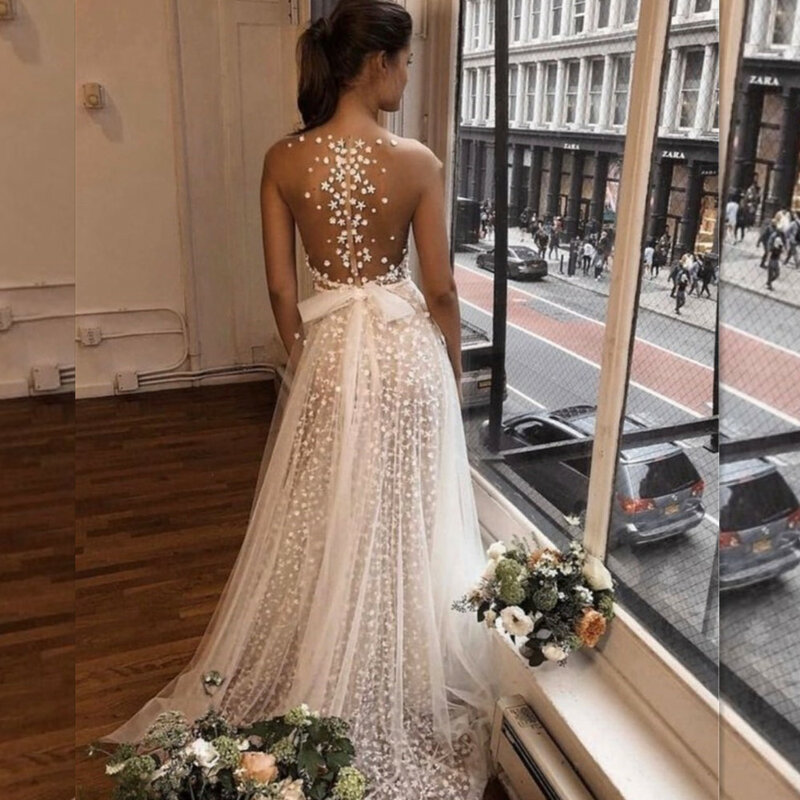 LSYX seksowna brokatowa suknia ślubna bez rękawów dekolt iluzja suknia ślubna z miękki tiul