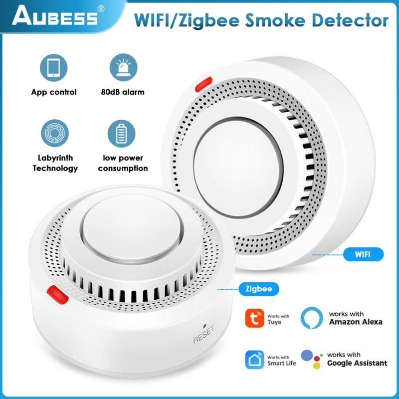 Tuya detektor asap WiFi/Zigbee, aksesori asisten keamanan rumah Remote Control aplikasi Alarm api Sensor Alarm api