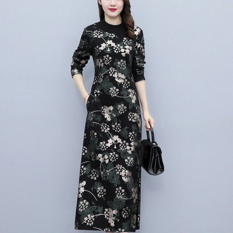 Women's Autumn and Winter Pullover Patchwork Printing Pockets Bright Line Decoration Fashionable Bottomed Long Sleeved Dress