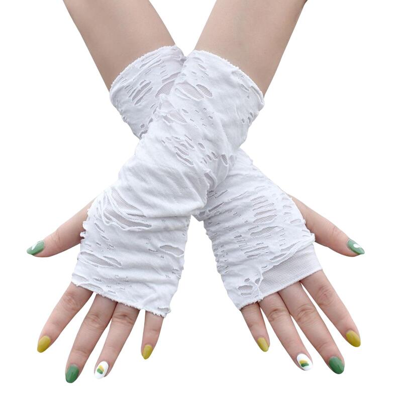 Sarung tangan panjang tanpa jari Gotik untuk wanita, sarung tangan Halloween robek