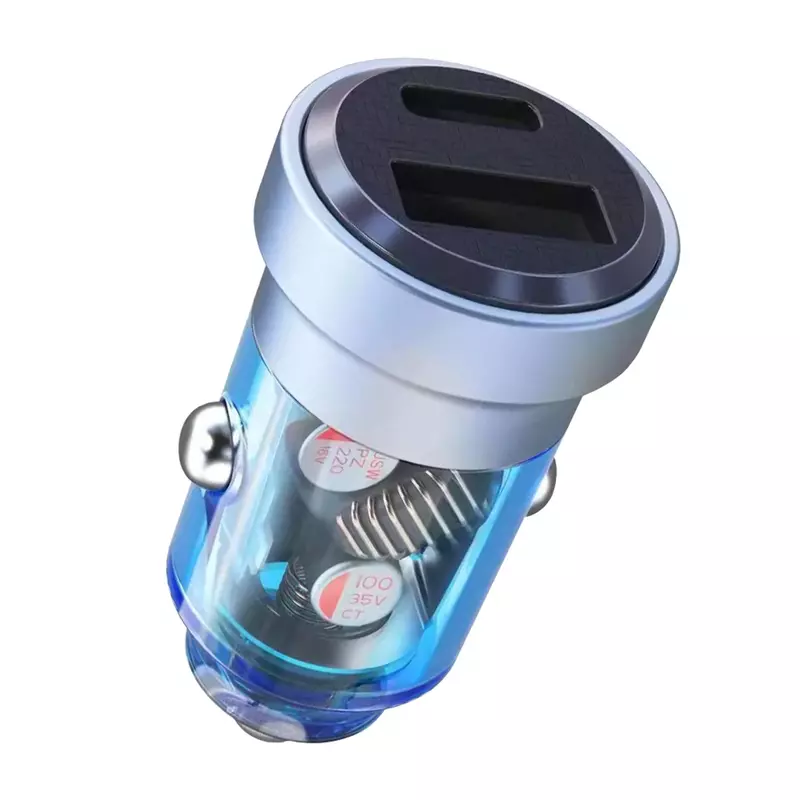 Chargeur de voiture USB pour touristes, 12-24V, PD30W + QC18W, charge rapide, portable, mini mn, boîtier transparent