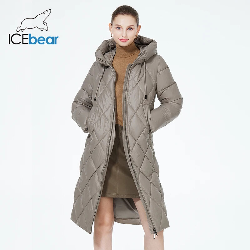 Icebear แจ็คเก็ตบุเพชรสำหรับผู้หญิง2023ฤดูหนาว, เสื้อแจ็คเก็ตผ้าฝ้ายบุนวมยาวสไตล์ GWD22631D อบอุ่น