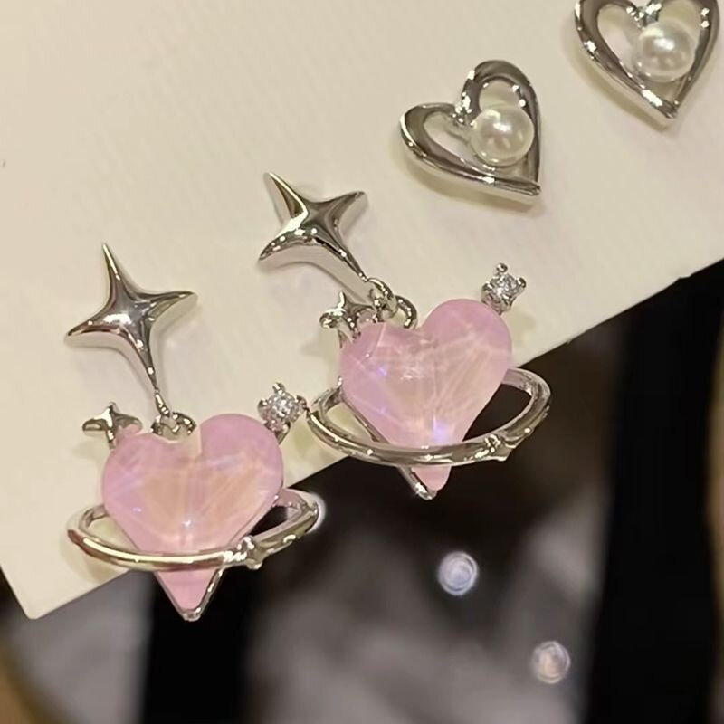 6 pz/set donne colore argento Y2K rosa cristallo cuore orecchino a bottone coreano alla moda Punk dolce fresco fiocco stella orecchino gioielli estetici