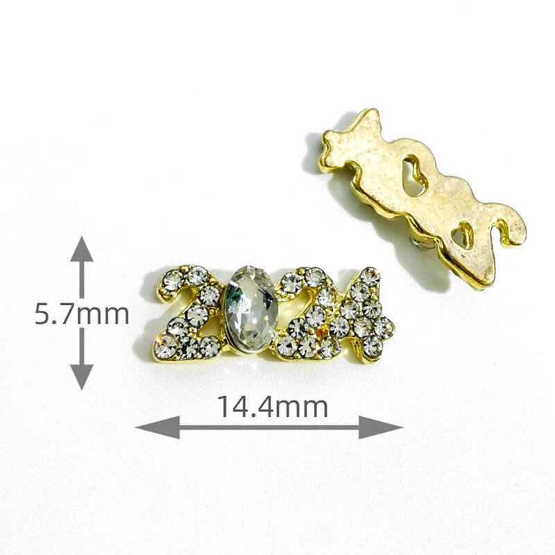 10Pcs/lot 2024 New Year 3D Alloy Nail ArtCharms 14.4*5.7mm Nail Parts Rhinestone Decorations Diamond DIY Manicure Jewelry