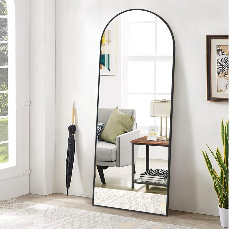 BEAUTYPEAK cermin lantai lengkungan 65 inci x 24 inci, cermin dinding panjang penuh menggantung atau bersandar-Top cermin seluruh tubuh dengan dudukan