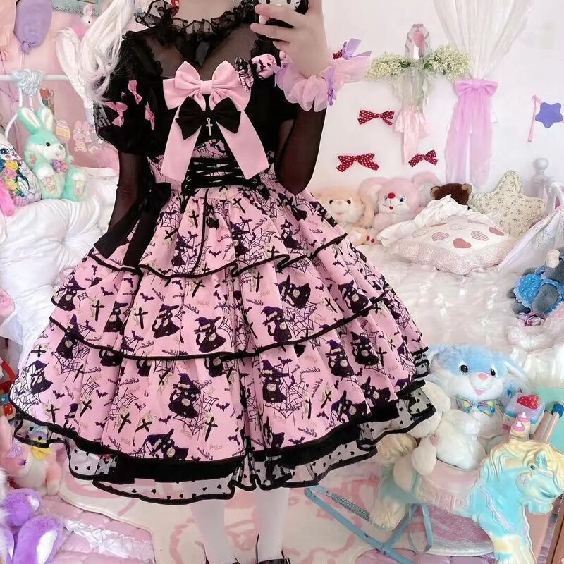 สีชมพูสีดำสีม่วง Victorian Sweet Kawaii สีเหลือง Lolita Cat Elena สาม Jsk แขนกุด Bow Princess Tea Party Dresses