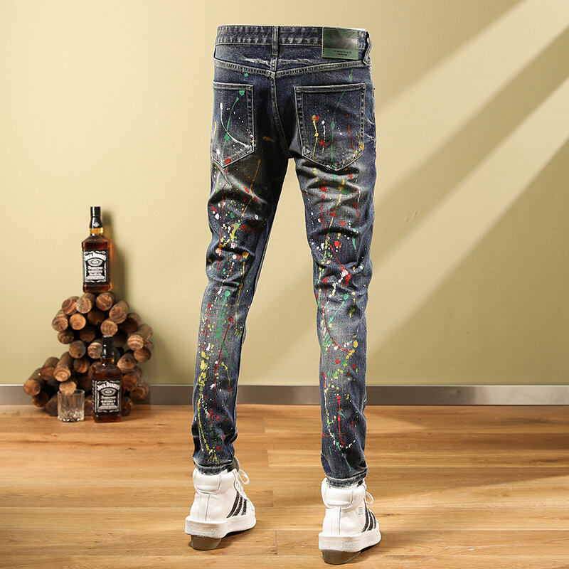 Moda streetwear calças de brim dos homens retro azul elástico fino ajuste do vintage rasgado jeans pintados designer hip hop calças de brim hombre