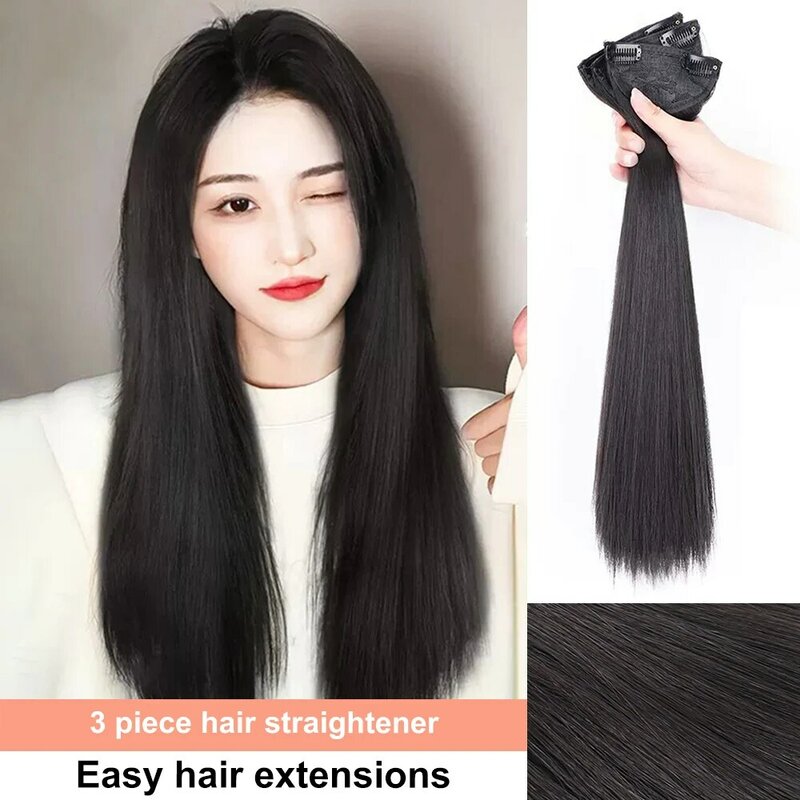 Włosy ALXNAN 50CM syntetyczne proste 3 sztuk/zestaw przedłużanie włosów odporne na wysoką temperaturę włókno czarno-brązowe włosy