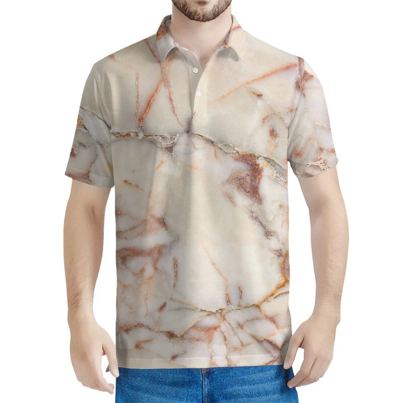 Polo con estampado 3D de mármol para hombre y mujer, camiseta informal de manga corta con botones de calle, camisetas de gran tamaño
