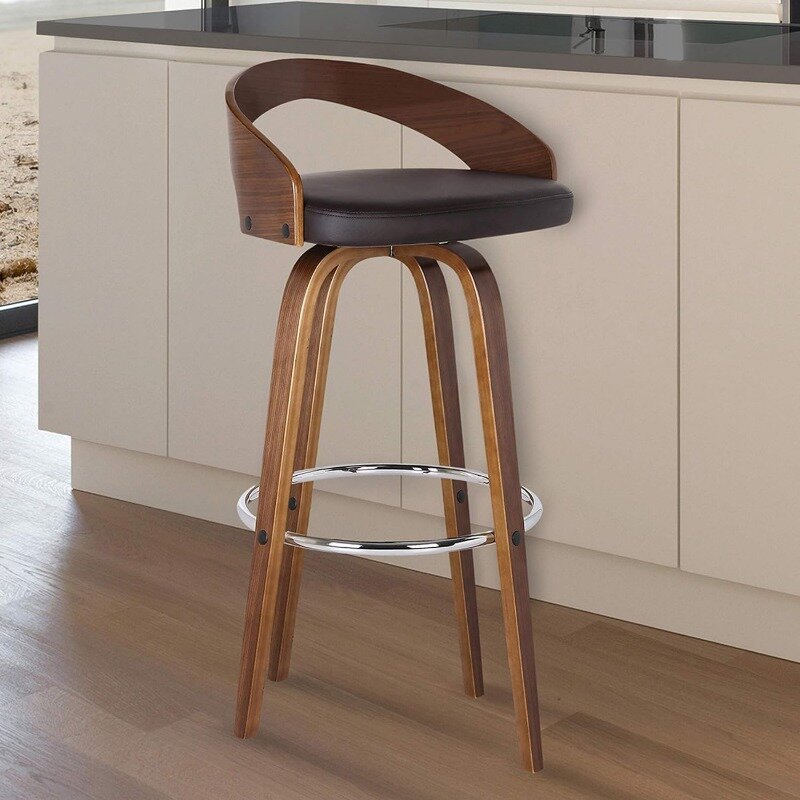Sonia 26" Counter Height Swivel Grey Faux Leather and Walnut Wood Bar Stool