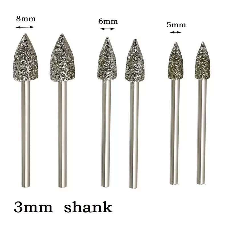 2pcs 3mm Shank Diamond Grinding Head Mounted Bit bave mola diamantata per Jade Metal Stone Rotary Tool Access 5/6/8mm