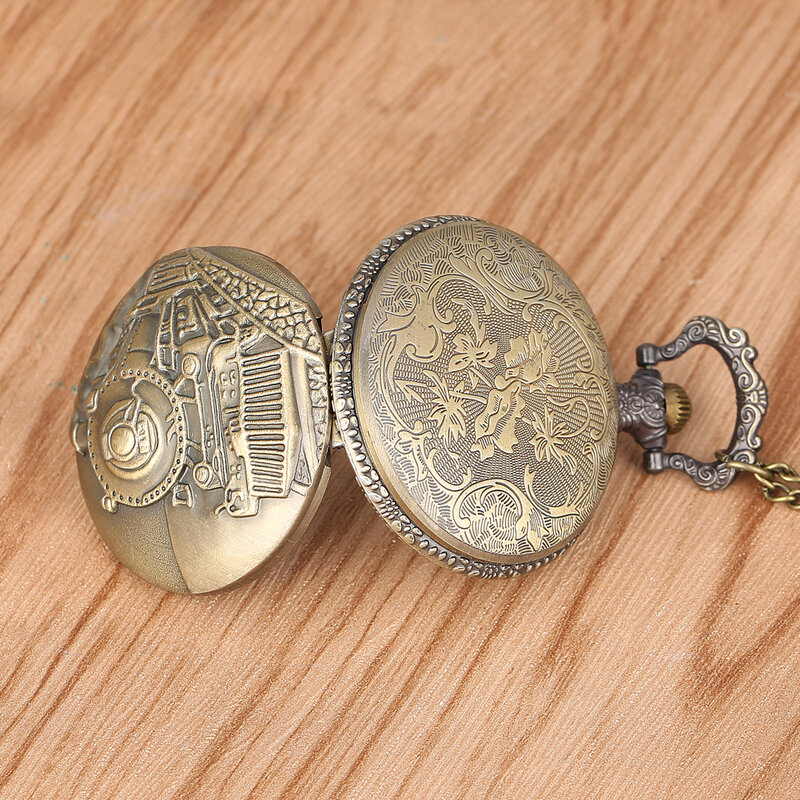 Retro Steampunk Pocket Watch Train Locomotive Engine Design Bronze Necklace Pendant Chain Collectible Gift for Men Women