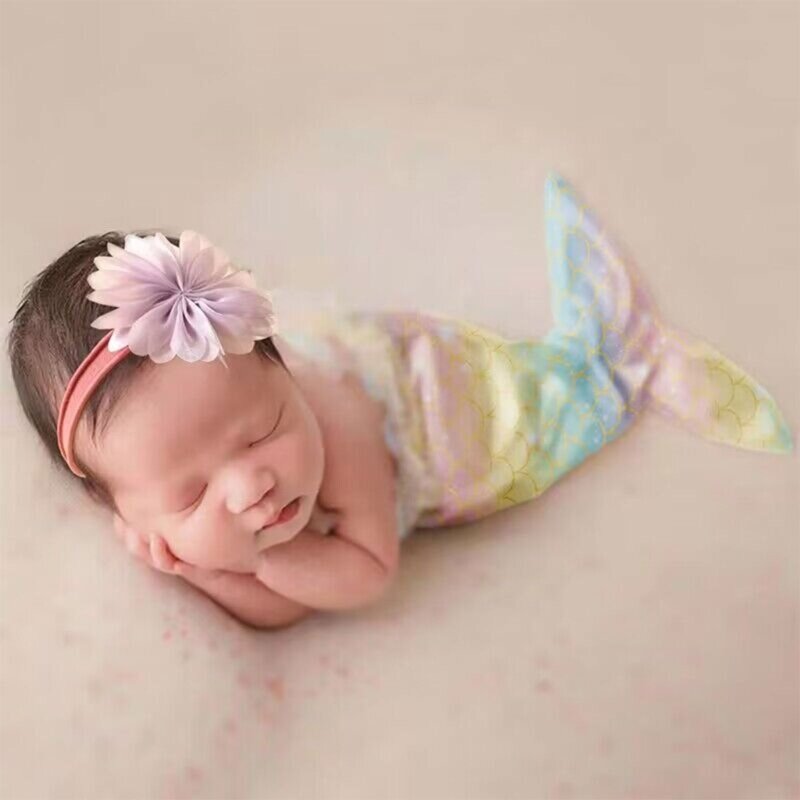 Alat Peraga Pemotretan untuk Hadiah Baby Shower Kostum Bayi Baru Lahir Ikat Kepala Bunga & Baju Monyet Putri Duyung Pakaian 2