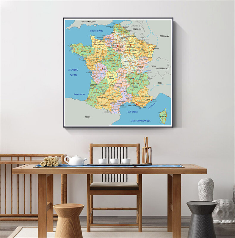 90*90ซม.Political แผนที่ฝรั่งเศส Non-ทอภาพวาดผ้าใบ Wall Art โปสเตอร์ห้องนั่งเล่นบ้านตกแต่งโรงเรียนอุปกรณ์ภาษาฝรั่งเศสคำ