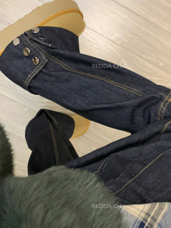 REDDACHiC Hiphop Men Buttoned Baggy Jeans Solid Blue Vintage Wash Patchwork High Rise Loose Wide Leg Denim Pants Y2k Streetwear