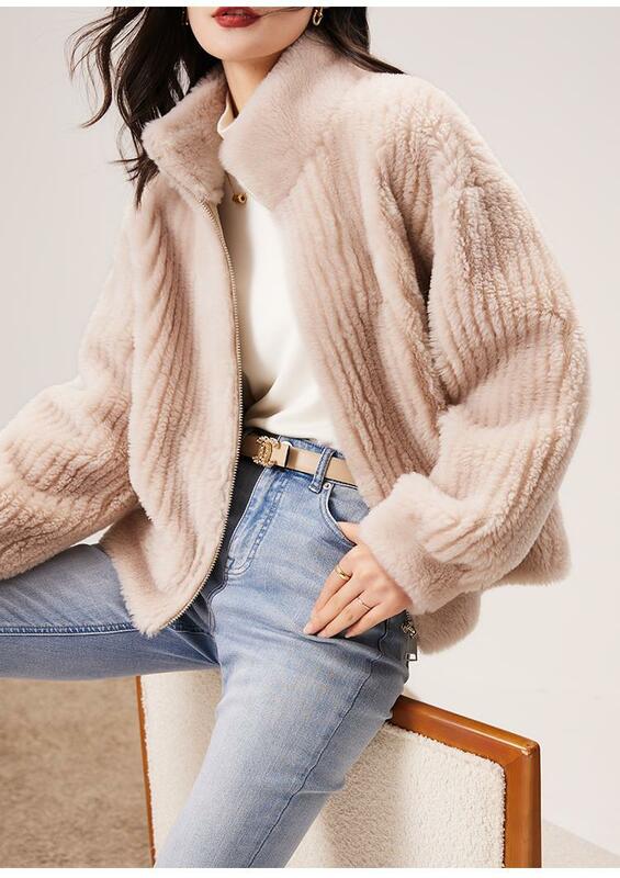 Women's Coat Fashion Loose  Stand Collar Show Thin Imitated Lamb Fur Coat Casual Fake Fur Coat