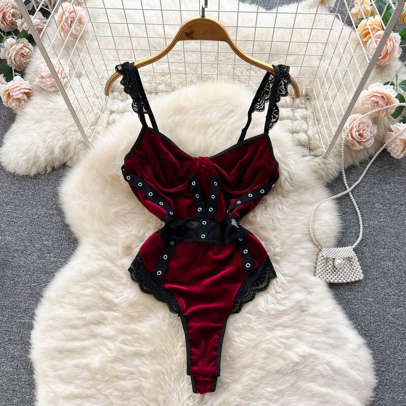 ssTss Sexy Women Velour Bodysuits New Stylish Floral Lace Patchwork Hollow Out Spaghetti Strap Sleeveless Skinny Female Body