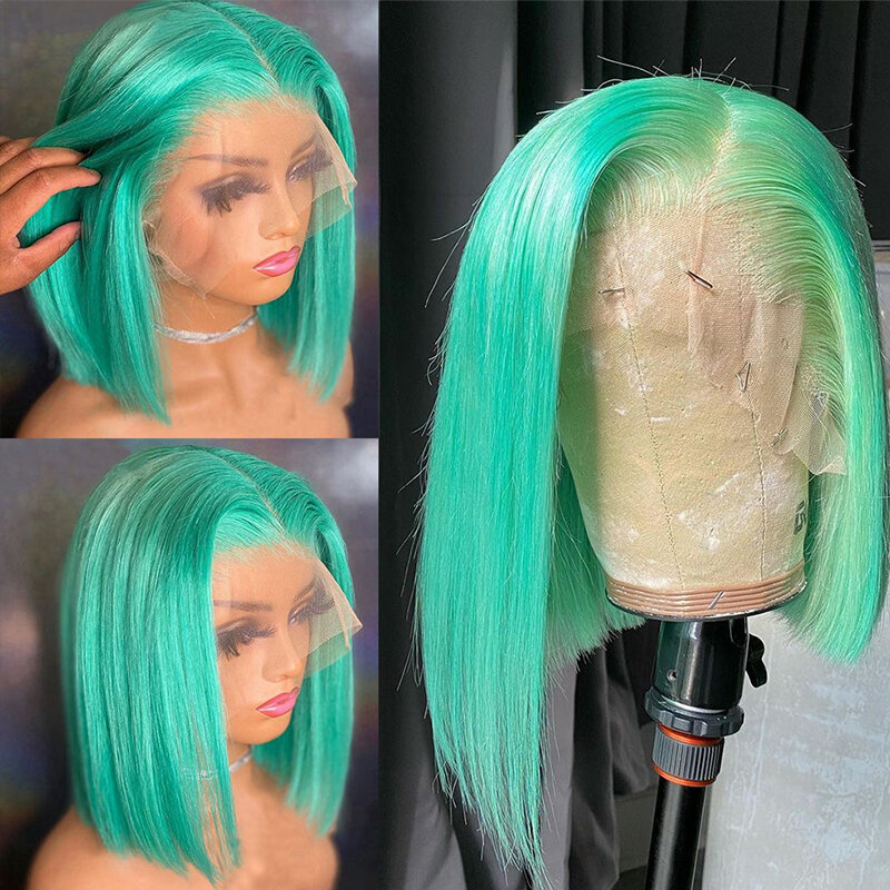 Peluca de cabello humano liso de 13x4 para mujer, postizo de encaje transparente, corte Bob Pixie, parte en T, color verde, predesplumada