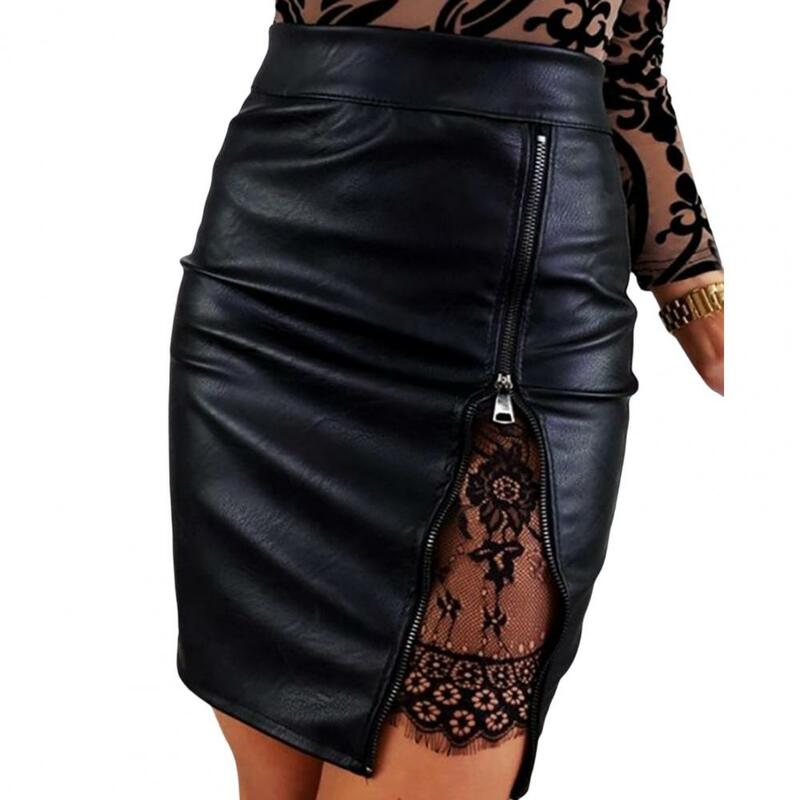 PU Skirt High Waist Lace Patchwork Side Zipper Split Solid Color Women Skirt Hip Wrap Faux Leather Mini Bodycon Skirt Streetwear