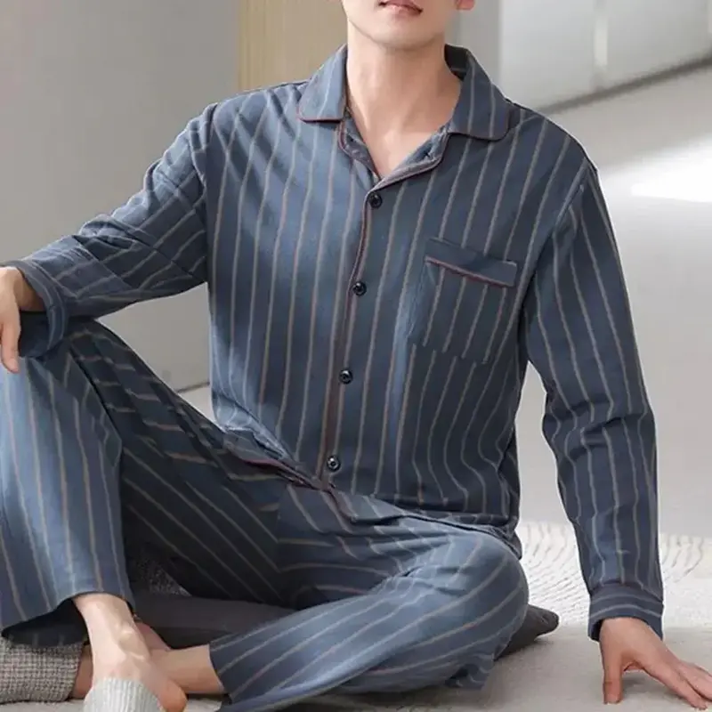New Spring Long Sleeve Pajamas Sets Male Soft Lapel Button Pajamas Casual Loose Sleepwear for Men Cartoon Cardigan Homewear Men