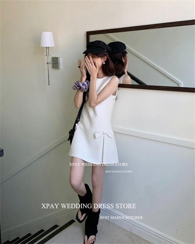 Xpay einfache o Hals kurze Korea Hochzeits feier Kleider Fotoshooting ärmellose rücken freie Brautkleider Korsett Bogen benutzer definierte Braut Kleid