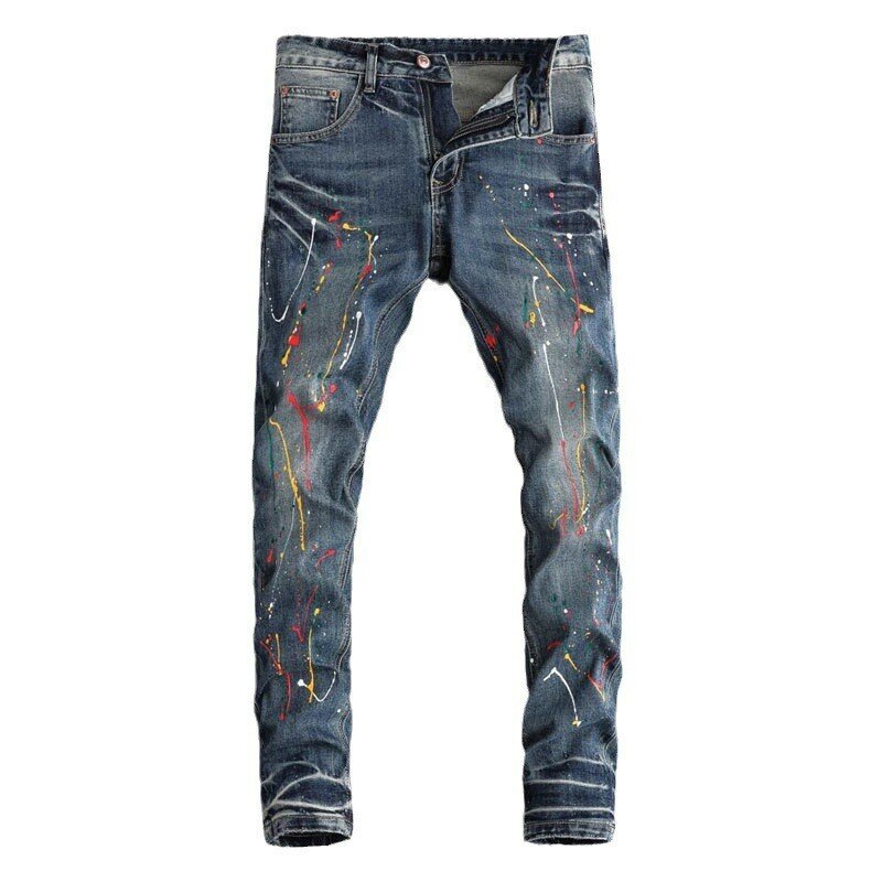 High Street Jeans pria Fashion Retro dicuci biru melar Slim Fit Jeans robek pria dilukis desainer Hip Hop Denim celana pensil