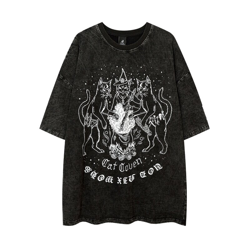 Kaus Anime Grunge Y2k Antik Kucing Gotik Besar Kaus Retro Pria Kaus Atasan Katun Musim Panas Hip Hop Streetwear Harajuku