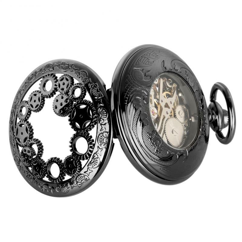 Orologio meccanico con ingranaggi antichi Hollow Blue secheleton Fashion Black Handwinding FOB Clock orologio con numero romano con catena a gancio da 38cm
