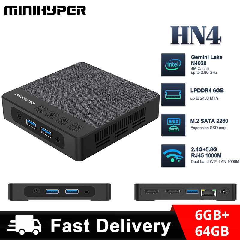MiniHyper-HN4ミニpc intel Gemini Lake n4020c cpu、6GB、lpddr4、64GB、emmc、USB 3.0、hdmiオーディオジャック、hpおよびマイク、3.5mm、rj45、1000m