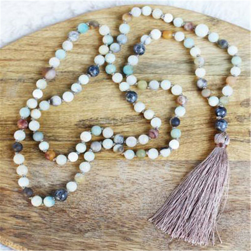 8mm Natural Amazoniumite 108 Beads Handmade Tassel Necklace Lariat Religious Crystal Women Children Gift Layered Stone