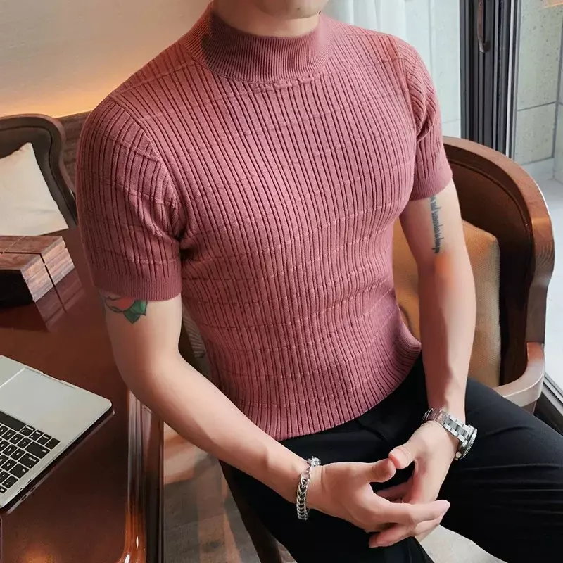 2023 Spring Autumn New Short Sleeve Sweater Men Slim Fit Short Sleeve Knitted T-shirt Half Turtleneck Casual Solid Pullovers