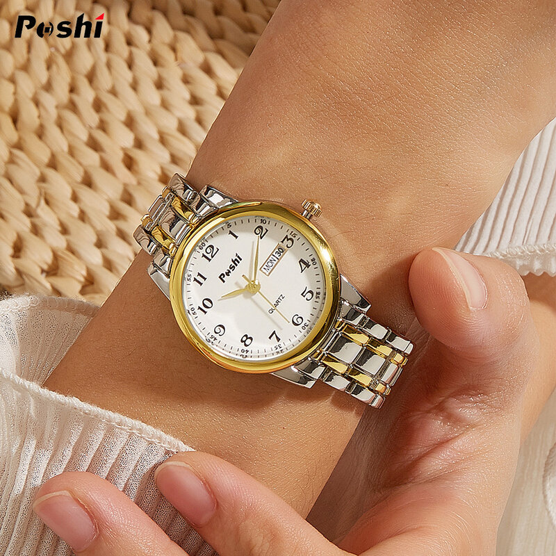 POSHI-Relógio Quartz Impermeável para Mulher, Bracelete de Aço Inoxidável, Bracelete Luxuoso, Relógios Originais para Senhoras, Data Week, Moda